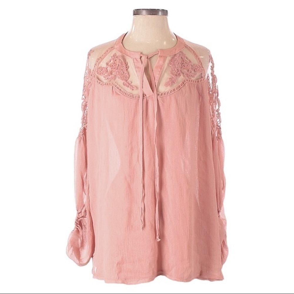 Hayden Romantic Boho Crochet Lace Pink Peasant Oversized Blouse Size S/M NWT